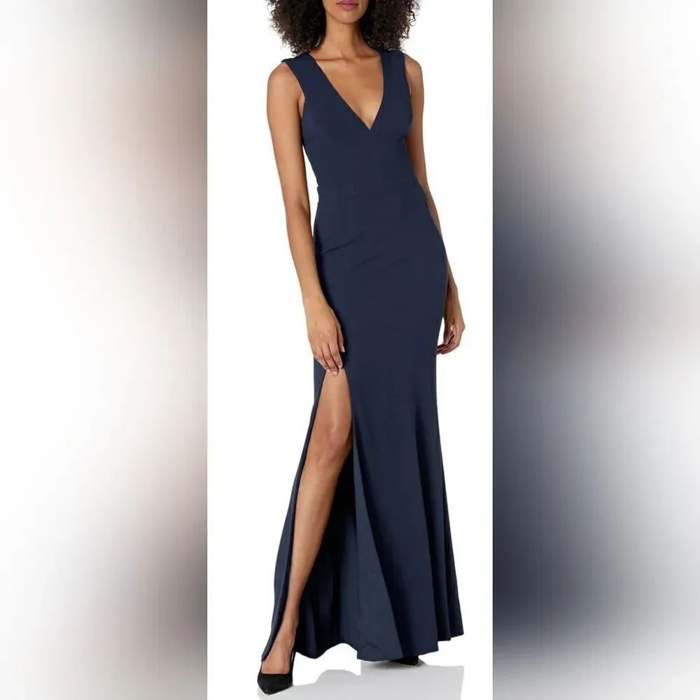Dress The Population Sandra Plunge Crepe Trumpet Gown NWOT size Small Navy Blue